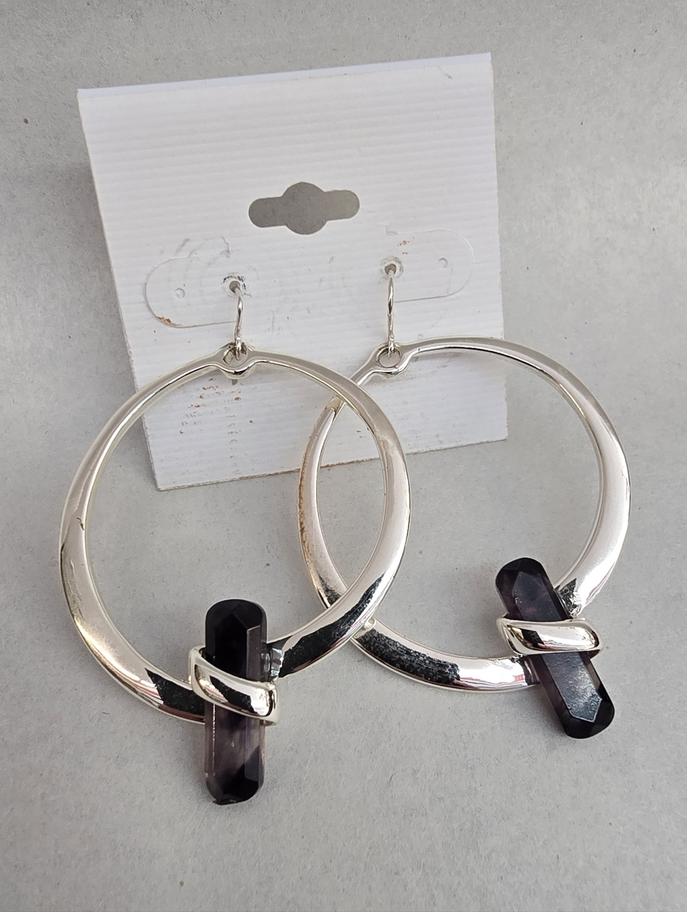 Silver Hoop Earrings with Dark Purple Crystal Accent - Women Jewelry